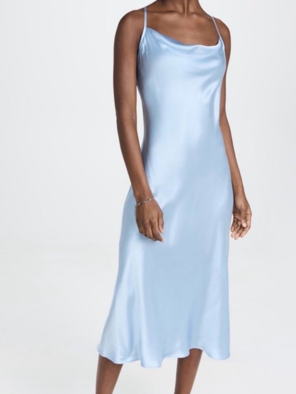 Bebe Satin Slip Dress Baby Blue Bias Cut Cowl Neck Made In USA Evening Lrg
